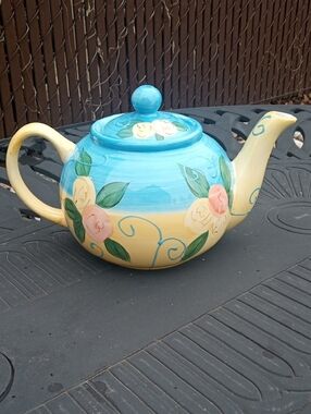 Blue and Yellow Floral Ceramic Teapot